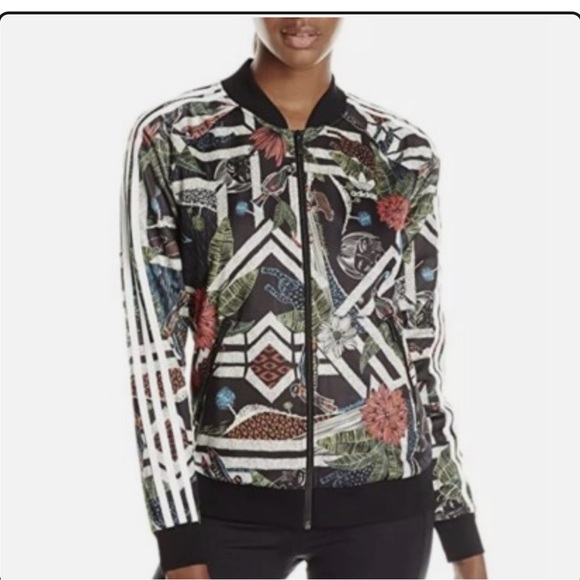 adidas Jackets & Blazers - adidas Black Floral & Geometric Print Bomber Jacket